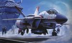  aircraft_carrier asuka_ii cockpit fog headset helmet highres macross macross_zero mecha military military_vehicle multiple_boys realistic science_fiction ship smoke tenjin_hidetaka variable_fighter vf-0 vf-0b warship watercraft 