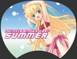  arisa_bannings armpits arms_up bikini blonde_hair dated green_eyes halftone halftone_background long_hair lyrical_nanoha mahou_shoujo_lyrical_nanoha minamura_haruki navel open_mouth pink_sarong print_sarong red_bikini sarong solo swimsuit uchiwa_design very_long_hair 