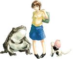  animal blue_skirt brown_hair cat frog looking_at_viewer myu original oversized_animal pigeon-toed shirt short_sleeves simple_background skirt solo standing white_background yellow_shirt 
