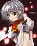  alternate_costume armor bangs breastplate character_name closed_mouth crop_top eyebrows_visible_through_hair gloves glowing grey_hair holding holding_sword holding_weapon kichiroku looking_at_viewer lowres midriff nagato_yuki puffy_short_sleeves puffy_sleeves short_hair short_sleeves silver_hair solo suzumiya_haruhi_no_yuuutsu sword upper_body weapon white_gloves yellow_eyes 