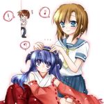  /\/\/\ 1boy 2girls ? bad_anatomy blue_hair blush brown_hair detached_sleeves dressing dressing_another eighth_note hakama hanyuu higurashi_no_naku_koro_ni horns japanese_clothes kneeling long_hair lowres maebara_keiichi maid_headdress multiple_girls musical_note peeking_out red_hakama ryuuguu_rena school_uniform serafuku short_hair soumoto_mina speech_bubble spoken_exclamation_mark spoken_musical_note spoken_question_mark very_long_hair 