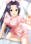  :d all_fours bangs bare_legs bed bed_sheet blush breasts dutch_angle holding idolmaster idolmaster_(classic) idolmaster_1 itsuki_sayaka large_breasts long_hair miura_azusa nurse on_bed open_mouth parted_bangs pink_legwear purple_eyes purple_hair short_sleeves smile solo syringe 