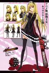  bangs black_legwear blonde_hair blood bloody_clothes breasts chain chainsaw character_sheet crown elbow_gloves fingerless_gloves frills gloves grin hat highres hime_(kaibutsu_oujo) kaibutsu_oujo kuroda_kazuya long_hair looking_at_viewer multiple_views official_art red_eyes scan smile thighhighs translation_request weapon 