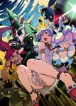  1boy 2girls bare_legs bracelet breasts fingerless_gloves gloves jewelry lagann large_breasts long_hair maybe multicolored_hair multiple_girls nia_teppelin no_panties ponytail shoes simon small_breasts symbol-shaped_pupils tengen_toppa_gurren_lagann thighhighs two-tone_hair yoko_littner 