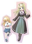  blonde_hair carim_gracia hairband holding_hands lyrical_nanoha mahou_shoujo_lyrical_nanoha_strikers multiple_girls one_eye_closed salty_(cherrypie) stuffed_animal stuffed_bunny stuffed_toy vivio waist_cape 