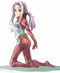  aqua_eyes ass bodysuit darry_adai hands kneeling kno1 long_hair looking_back pink_hair ponytail red_bodysuit shadow smile solo tengen_toppa_gurren_lagann white_bodysuit 