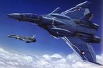  aircraft airplane canards cloud day edgar_lasalle fighter_jet flying highres jet kudou_shin macross macross_zero mecha military military_vehicle multiple_boys realistic sky tenjin_hidetaka variable_fighter vf-0 vf-0d 