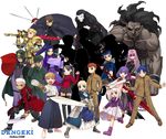  6+girls archer artoria_pendragon_(all) assassin_(fate/stay_night) bazett_fraga_mcremitz berserker boots caren_hortensia caster dark_sakura emiya_shirou everyone fate/stay_night fate/tiger_colosseum fate_(series) formal fujimura_taiga gilgamesh hirai_yukio illyasviel_von_einzbern kotomine_kirei kuzuki_souichirou matou_sakura matou_shinji multiple_boys multiple_girls official_art pant_suit purple_footwear rider saber saber_alter suit toosaka_rin true_assassin 