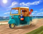  asymmetrical_hair beach car cloud daihatsu_midget day driving ground_vehicle motor_vehicle multiple_girls one-piece_swimsuit original outdoors patricia_(stylish_marunage) school_swimsuit side_ponytail sky swimsuit wind 