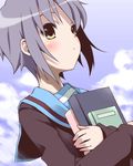  blue_sailor_collar blush book cardigan close-up cloud day grey_hair kita_high_school_uniform lowres maskman nagato_yuki sailor_collar school_uniform serafuku short_hair sky solo suzumiya_haruhi_no_yuuutsu yellow_eyes 