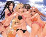  :&lt; ahoge ass bikini black_hair blonde_hair blue_eyes breasts brown_hair child cleavage day eyewear_on_head gokurakuin_sakurako highres hug kazehana kusano large_breasts lipstick long_hair lowleg lowleg_bikini makeup matsu_(sekirei) multiple_girls musubi one_eye_closed pink_eyes sekirei side-tie_bikini sideboob silver_eyes smile sun_tattoo sunglasses swimsuit tan thigh_strap tsukiumi underboob 