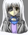  artist_request bodysuit cinque_(nanoha) coat eyepatch lyrical_nanoha mahou_shoujo_lyrical_nanoha_strikers numbers'_uniform numbers_(nanoha) open_clothes open_coat purple_bodysuit silver_hair solo yellow_eyes 