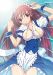  aikawa_touma breasts cleavage copyright_request cowboy_shot double-breasted huge_breasts light_frown long_hair maid maid_headdress red_hair see-through solo very_long_hair waitress wet wet_clothes wrist_cuffs 