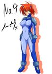  artist_request blue_bodysuit bodysuit character_name lyrical_nanoha mahou_shoujo_lyrical_nanoha_strikers nove_(nanoha) numbers'_uniform numbers_(nanoha) red_hair solo translated 