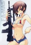  artist_request assault_rifle bikini bikini_under_clothes brown_eyes brown_hair bullpup copyright_request denim denim_shorts famas fang flag_print france french_flag french_flag_bikini gun open_fly print_bikini rifle shorts solo source_request striped striped_bikini swimsuit swimsuit_under_clothes unzipped vertical-striped_bikini vertical_stripes weapon 