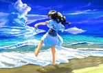  barefoot beach black_hair bottle cloud day from_behind full_body long_hair myu ocean original outdoors sky solo standing standing_on_one_leg wading water waves 