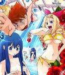  2girls bikini blonde_hair blue_eyes blue_hair blush breasts drill_hair flower kaisanbutsu large_breasts long_hair medium_breasts multiple_girls red_flower red_rose rose silver_rain swimsuit topless underboob 