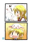  :3 :d ? blonde_hair blush blush_stickers comic eretto hidamari_sketch low_twintails miyako open_mouth silent_comic smile sparkle twintails wide_face 