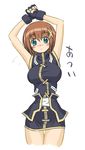  armpits artist_request bare_legs bare_shoulders belt black_gloves breasts buckle fingerless_gloves gloves hair_ornament large_breasts looking_at_viewer lyrical_nanoha mahou_shoujo_lyrical_nanoha_strikers simple_background solo thigh_gap uniform white_background x_hair_ornament yagami_hayate 