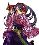  armor black_hair brown_eyes hakama japanese_armor japanese_clothes katana kote long_hair meiji_schoolgirl_uniform miyata_souji one_knee original purple_hakama sheath solo sword unsheathing weapon yagasuri 