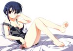  barefoot bed blue_hair blush breasts cleavage drink feet hair_up medium_breasts no_bra original panties red_eyes sitting smile solo strap_slip tank_top underwear white_panties yuuki_makoto_(radiant) 