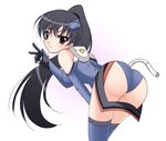  ass bangs bare_shoulders bent_over black_hair blue_gloves blue_legwear blue_leotard blush cowboy_shot elbow_gloves from_side gloves headgear high_ponytail ichijou_eika leotard light_smile long_hair looking_at_viewer looking_back motion_slit narutaki_shin pilot_suit ponytail sky_girls smile solo thighhighs v very_long_hair yellow_eyes 