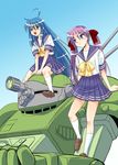  ahoge blue_eyes blue_hair blue_skirt crossover green_eyes hair_ribbon hiiragi_kagami izumi_konata kneehighs loafers long_hair lucky_star mecha miniskirt mole mole_under_eye multiple_girls pleated_skirt purple_hair ribbon ryouou_school_uniform school_uniform scopedog sentape serafuku shoes skirt soukou_kihei_votoms twintails white_legwear yellow_neckwear 