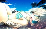  aqua_eyes bikini blonde_hair blush copyright_request day fang lying on_back sakaki_(noi-gren) solo striped striped_bikini swimsuit 