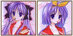  blue_eyes border brown_border dated food hair_ribbon happy_birthday hayashi_sakura hiiragi_kagami hiiragi_tsukasa long_hair looking_at_viewer lucky_star mouth_hold multiple_girls pocky portrait purple_hair ribbon ryouou_school_uniform school_uniform serafuku short_hair twintails 