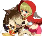  animal big_bad_wolf_(grimm) bike_shorts blonde_hair blue_eyes grimm's_fairy_tales little_red_riding_hood little_red_riding_hood_(grimm) miyata_souji solo wolf 