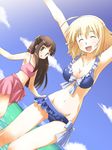  bikini blonde_hair brown_hair day dutch_angle frilled_bikini frills lowleg lowleg_bikini multiple_girls original osamada_meika pink_sarong polka_dot polka_dot_bikini sarong swimsuit 