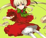  blonde_hair bloomers doll_joints green_background green_eyes long_hair lowe_(slow) red_skirt rozen_maiden shinku simple_background skirt solo underwear white_bloomers 