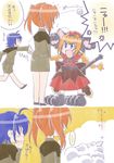  ahoge animal_ears blue_eyes cat_ears chibi comic cropped_jacket gloves hat jacket karamiti long_skirt lyrical_nanoha magical_girl mahou_shoujo_lyrical_nanoha_strikers military military_uniform multiple_girls open_clothes open_jacket paw_gloves paw_shoes paws red_hair shoes skirt subaru_nakajima teana_lanster translated tsab_ground_military_uniform uniform vita 