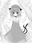  animal_ears bare_shoulders cat_ears cat_tail catbell chen dithering dress earrings greyscale hat jewelry looking_at_viewer monochrome multiple_tails ribbon short_hair smile solo sundress tail touhou 