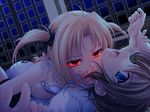  1girl biting blonde_hair blood blood_on_face blue_eyes bra brown_hair dark flat_chest game_cg girl_on_top glowing glowing_eyes holding_hands kanojo_tachi_no_ryuugi lingerie long_hair lying miyama-zero neck_biting night on_back on_stomach open_mouth red_eyes ribbon shirogane_akane short_hair short_twintails surprised togetsu_kotarou twintails underwear vampire window wrist_grab 