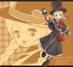  :d august_(coyote_ragtime_show) bag black_dress blonde_hair blue_eyes bow bowtie braid capelet coyote_ragtime_show dress full_body handbag hat long_sleeves looking_at_viewer open_mouth over_shoulder red_bow red_neckwear short_hair smile solo takano_natsuki top_hat twin_braids 