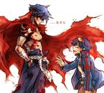  artist_request bandages blood blood_on_face blue_hair bodypaint cape core_drill drill goggles goggles_on_head hands_in_pockets kamina male_focus manly manly_tears multiple_boys open_clothes open_shirt sarashi shirt shirtless simon tears tengen_toppa_gurren_lagann translated white_background 