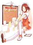  benimura_karu brown_eyes brown_hair clipboard crossed_legs frills original panties pantyshot pantyshot_(sitting) pen ribbon-trimmed_legwear ribbon_trim sitting solo thighhighs underwear waitress white_legwear wrist_cuffs 