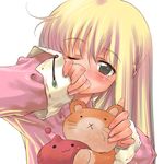  ;o absurdres artist_request blonde_hair blush brown_eyes covering_mouth eyebrows_visible_through_hair highres long_sleeves looking_at_viewer one_eye_closed parted_lips ragnarok_online simple_background solo stuffed_animal stuffed_hamster stuffed_toy upper_body whiskers white_background 