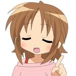  blush brown_hair closed_eyes collarbone hiiragi_matsuri index_finger_raised lucky_star short_hair simple_background solo sweater vector_trace white_background 