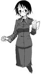  blush breasts fujieda_nanae glasses greyscale halftone medium_breasts military military_uniform monochrome pantyhose satou_atsuki short_hair simple_background sky_girls solo uniform white_background 