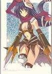  absurdres artist_request assassin_cross breasts cleavage fox_mask green_eyes highres large_breasts mask midriff purple_hair ragnarok_online scarf solo thighhighs weapon 