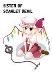  ascot blonde_hair bluepony flandre_scarlet hat hat_ribbon laevatein one_side_up red_eyes ribbon short_hair sitting solo touhou wariza wings 