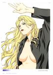  2002 absurdres arm_up blonde_hair breasts dated green_eyes hand_on_hip highres horibe_hiderou large_breasts lipstick long_hair long_sleeves looking_at_viewer makeup mole mole_under_mouth open_clothes open_shirt original parted_lips pc_angel red_lipstick shirt solo 