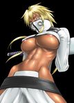  abs areolae arrancar bang-you bleach blonde_hair blue_eyes breast_suppress breasts covered_nipples dark_skin espada large_breasts revealing_clothes shiny shiny_skin solo sword tier_harribel underboob weapon 