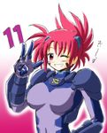  armor artist_request bodysuit collar covered_navel facial_mark grin lyrical_nanoha mahou_shoujo_lyrical_nanoha_strikers numbers'_uniform numbers_(nanoha) one_eye_closed pink_hair purple_bodysuit red_eyes short_hair shoulder_pads simple_background skin_tight smile solo translation_request twintails upper_body waving wendi_(nanoha) white_background 