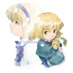  alice_margatroid alternate_costume bangs blonde_hair bow braid closed_mouth doll eyebrows eyebrows_visible_through_hair frilled_sleeves frills green_bow hair_bow hairband haniwa_(leaf_garden) holding holding_doll hug kirisame_marisa long_sleeves looking_at_viewer multiple_girls no_hat no_headwear no_pupils parted_lips profile projected_inset short_hair short_over_long_sleeves short_sleeves single_braid smile text_focus touhou white_background yellow_eyes 