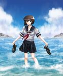 :d brown_eyes brown_hair cloud day flo highres holding holding_shoes ocean open_mouth original outdoors pleated_skirt school_uniform serafuku shoes shoes_removed short_hair skirt sky smile solo teeth wading water wet wet_clothes yuki_(flo) 