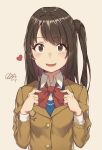  :d adjusting_neckwear artist_name bangs blush bow bowtie brown_eyes brown_hair buttons cloba dated eyebrows_visible_through_hair heart highres idolmaster idolmaster_cinderella_girls jacket long_hair long_sleeves looking_at_viewer one_side_up open_mouth red_neckwear school_uniform shimamura_uzuki signature simple_background smile solo upper_body wing_collar 