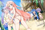  ahoge ass assless_swimsuit beach bikini blood blue_hair blush breasts cleavage closed_eyes day glasses hair_ribbon hiiragi_kagami hiiragi_tsukasa izumi_konata long_hair lucky_star medium_breasts misaki_takahiro mole mole_under_eye multiple_girls name_tag nipple_slip nippleless_clothes nipples nosebleed ocean one-piece_swimsuit open_mouth outdoors pink_hair purple_eyes purple_hair ribbon school_swimsuit short_hair slingshot_swimsuit small_breasts swimsuit takara_miyuki translated twintails 